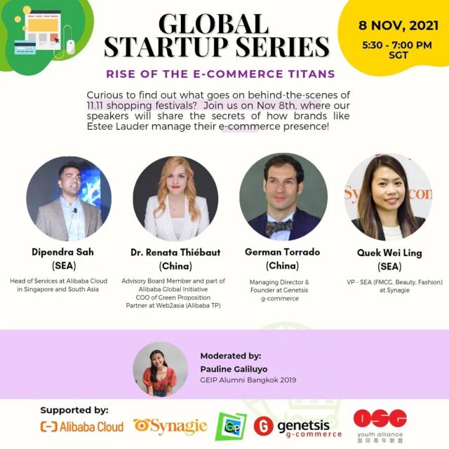 Curious about what goes on behind-the-scenes of managing 11.11 shopping festivals on mega e-commerce platforms, emerging technologies like social-commerce and livestreaming campaigns, data-analytics and machine learning that supports e-commerce recommendation engines? 

Join us at Global Startup Series - Rise of the E-commerce Titans on 8 Nov 2021, Monday 5.30pm to hear from our panelist speakers who will be sharing insider tips of big brands manage their online e-commerce presence. The session will be moderated by @paubeatrice! See you there. 

https://lnkd.in/gNRzCNey